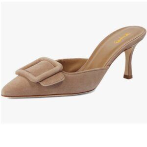 XYD Tan Pointed Toe Mules with Buckle High Heel Stiletto Slip On Open-back Shoes